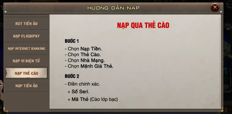Nạp tiền qua thẻ cào tại cổng game B52 an toàn nhanh chóng tiện lợi.